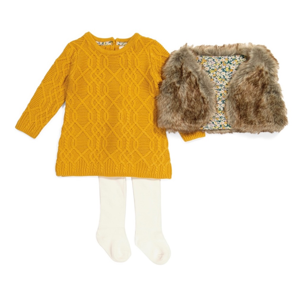 Infant Girl 2pc faux fur vest  sweater dress set with tights brand new